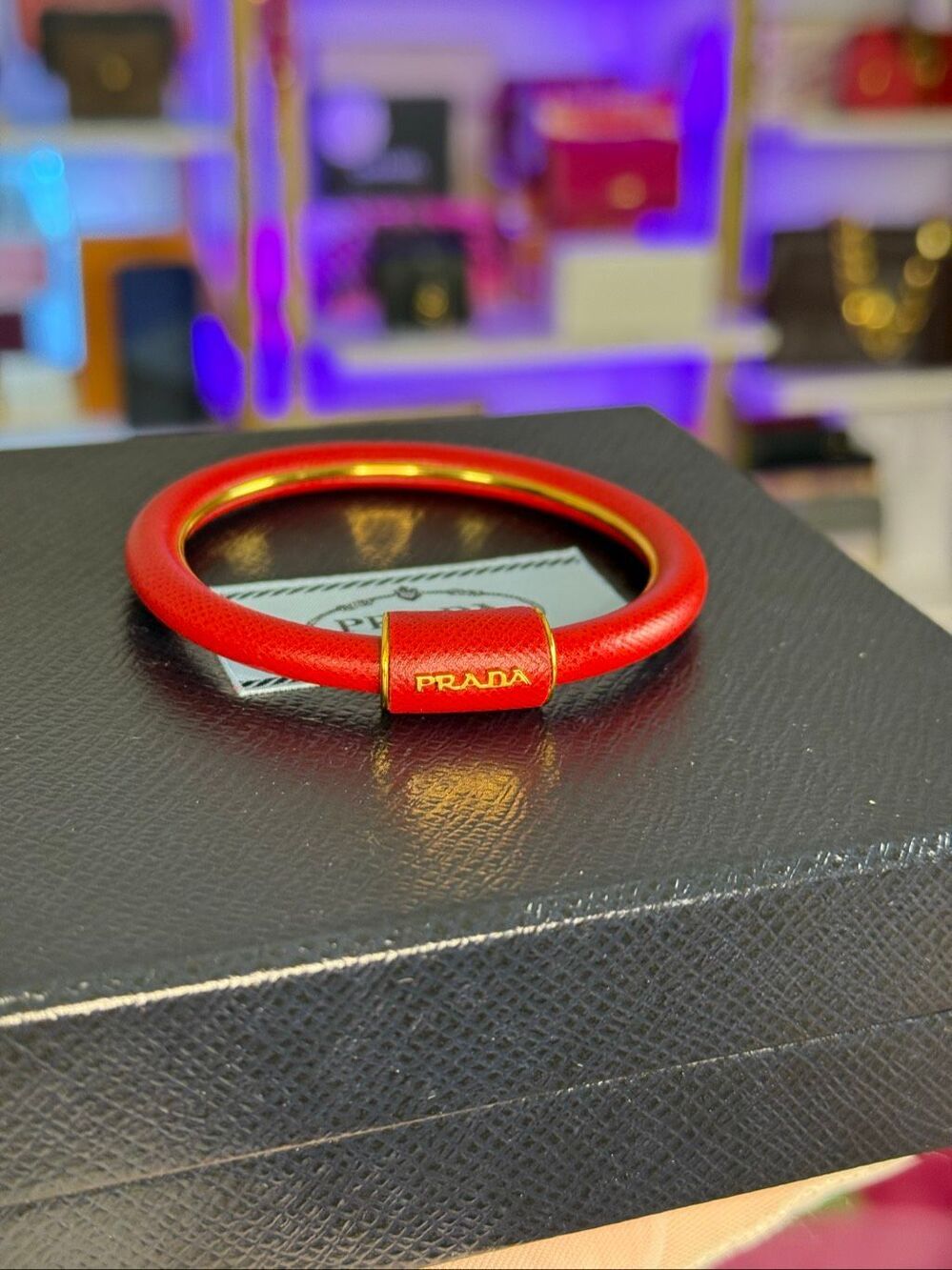 Prada Red Saffiano Leather Gold Plated Bracelet Bangle W/Box Jewlery Pouch
